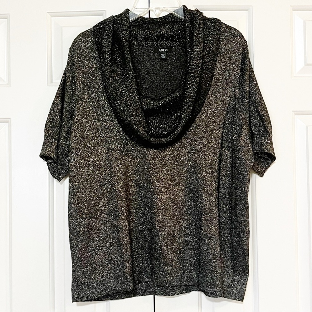 Kohls Apt. 9 Black Gray, Silver Metallic Cowl Neck pullover short sleeve Sweater